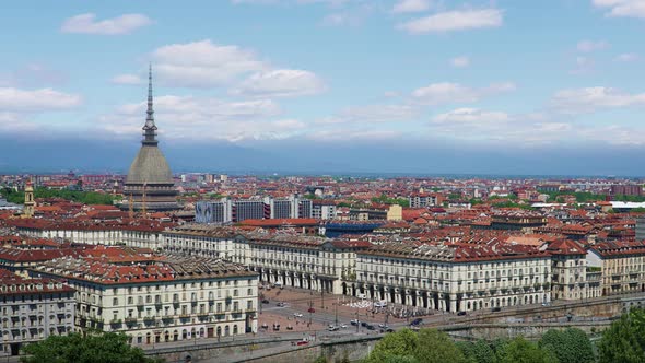 Turin, Torino, Aerial Timelapse Skyline Panorama with