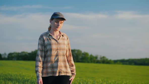 Female Farmer Walks Among Wheat Fields on a Clear Summer Day