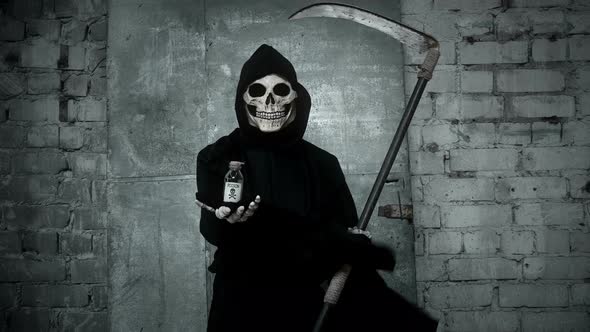 Death with a Scythe Stretches Out a Hand in Which Holds a Vial of Poison, Thereby Proposes To Go