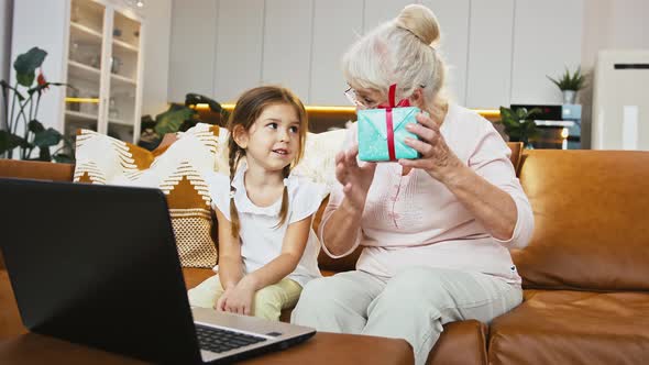 Grandmother is Smiling and Thanking Someone for Gift By Online Video Call Using Laptop Sitting on