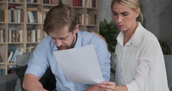 Woman Reassure Crying Man Received Paper Document Company Bankruptcy Real Estate Household Expenses