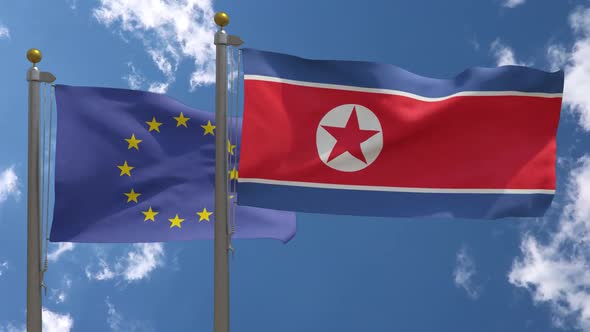 European Union Flag Vs North Korea Flag On Flagpole