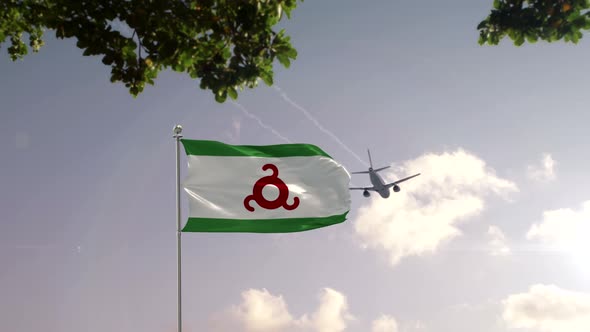 Ingushetia Flag With Airplane And City -3D rendering