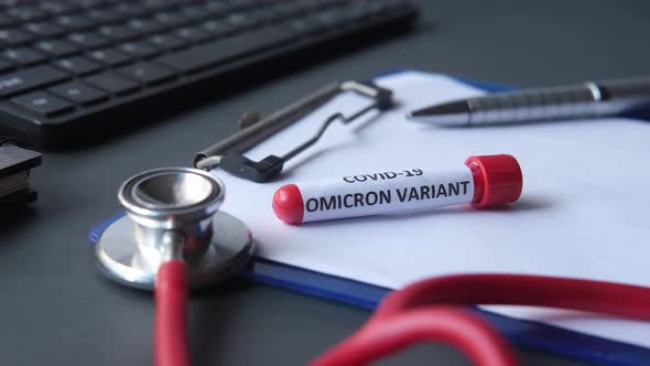 Omicron Variant Corona Virus Blood Test Tube on Table