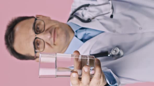 Vertical Shot Middle Aged Doctor Iholds Glass of Clean Water and Shows Like Sign with Thumb Up