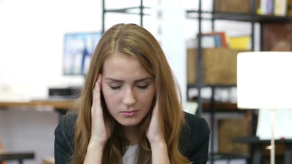 Headache, Frustration, Tension, Stressed Girl at Work in Office