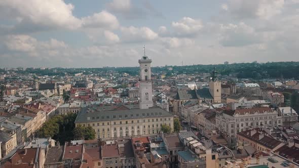 Aerial Drone Footage of European City Lviv, Ukraine. Flight Above Popular Ancient Part of Old Town