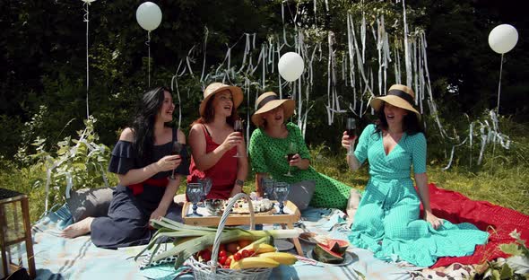 Girls At A Picnic Have Fun Singing With A Glass Of Wine