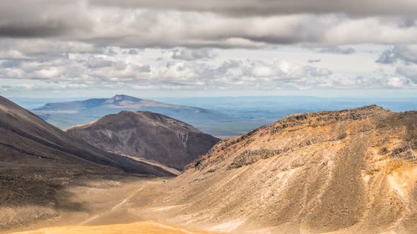 Grey Clouds Sky Moving over Volcanic Mountains Nature in Sunny Summer Day in Tongariro Park