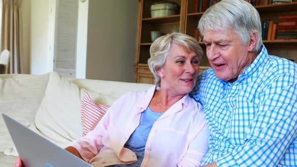 Senior couple using laptop in living room