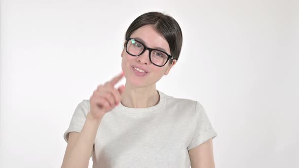 Young Woman Inviting with Hand Sign on White Background