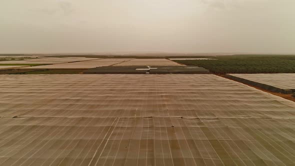 Aerial footage of net houses with banana plantations