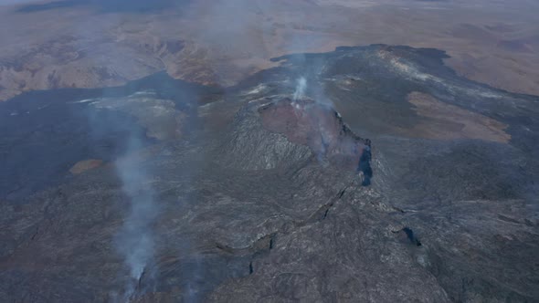 Fagradalsfjall Volcano Fissure Eruption Aerial Drone Flying Backwards Reveal Volcanic Landscape