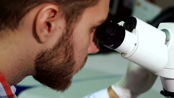 Man Looks Into the Eyepieces of Microscope at the Laboratory