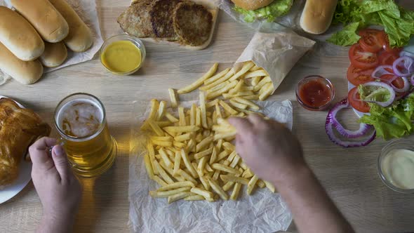 Lazy Fat Man Eating Greasy French Fries and Drinking Beer, Pernicious Habits