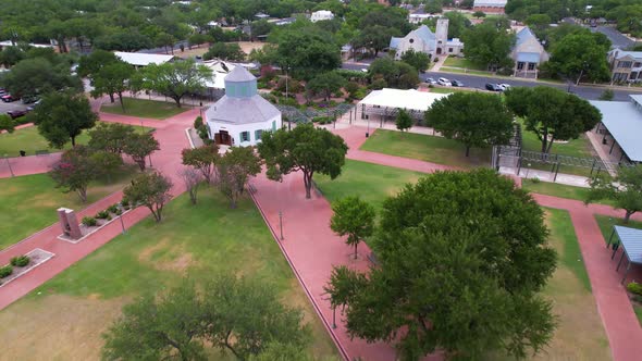 Aerial footage of the German Pioneers Memorial Garden located in the Marktplatz von Fredericksburg a