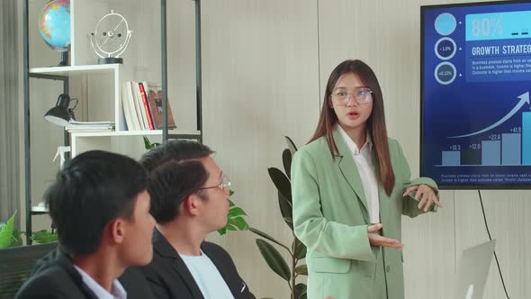 Young Asian Businesswoman Presentation To Her Business Colleagues. Charts And Company's Growth On TV