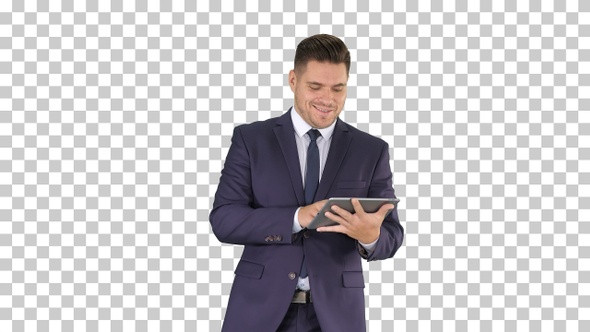 Businessman swiping pages on a tablet, Alpha Channel