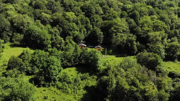 Aerial View Among the Green Forests Stand Two Wooden Buildings