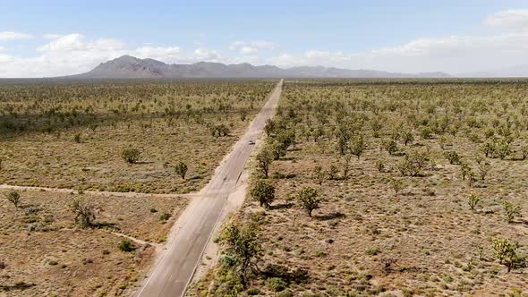 Aerial View of Endless Desert Straight Dusty Asphalt Road in Joshua Tree Park. USA.