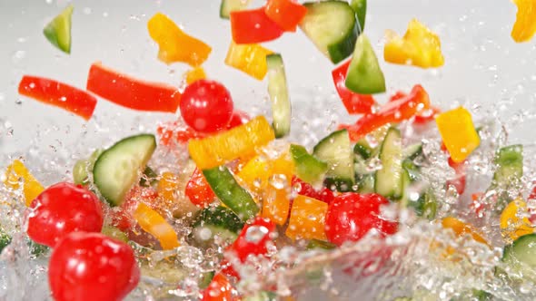 Super Slow Motion Shot of Colorful Vegetables Falling Into Water on White Background at 1000Fps