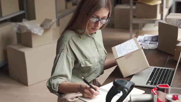 Female Seller Checking Ecommerce Parcel Dropshipping Orders Using Laptop