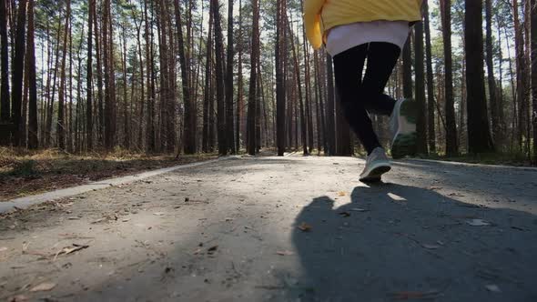 Rear view of an active sportswoman running in a city park, fashionable sports leggings, sneakers.