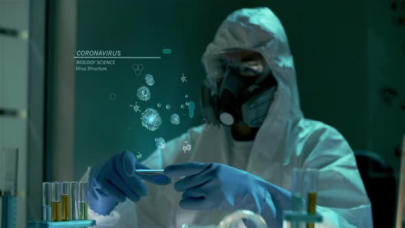 2019-Ncov Animated Model Hologram. Medical Scientist in Antiplague Protective Suit and Respirator