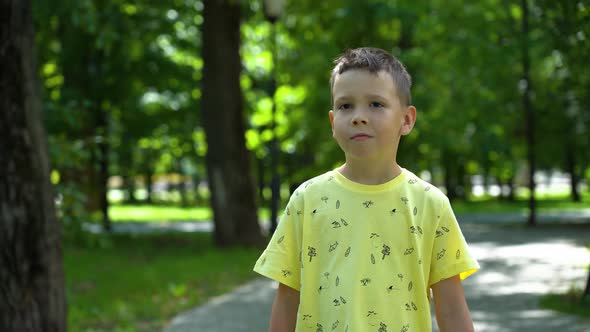 The boy is walking in the park among the green trees in the background