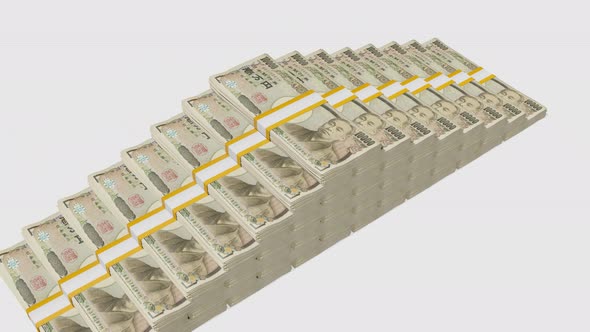 Many wads of money. 10000 Japanese Yen banknotes. Stacks of money.