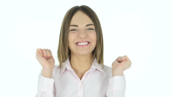 Winning Beautiful Woman Celebrating Success, White Background