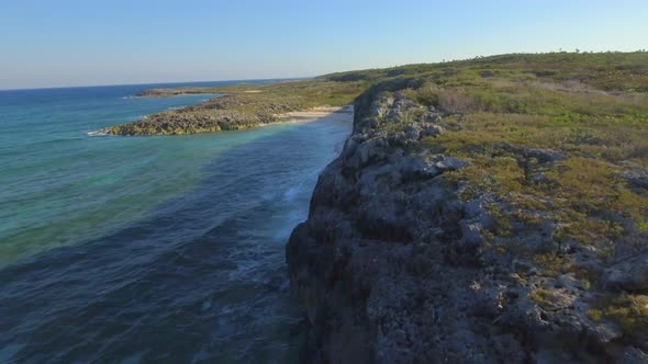 Aerial drone view rocky coastline on a tropical island beach and coast in the Bahamas, Caribbean