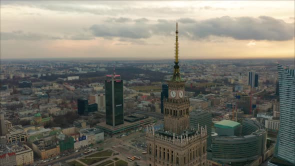 Aerial View of a Clock Tower of Palace of Culture and Science in Warsaw Poland