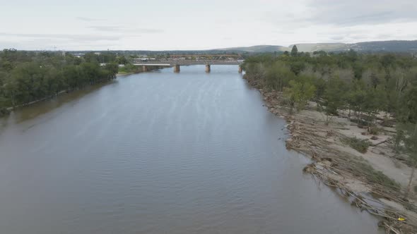 Drone aerial footage of the Nepean River and Victoria Bridge near Penrith in Australia