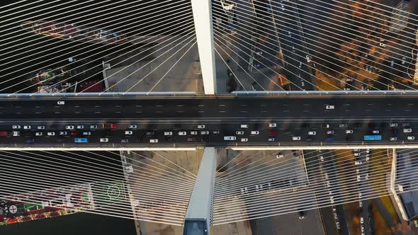 Vertically Down View on the Road with Dense Traffic of the Cablestayed Bridge