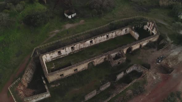 Aerial drone view of the abandoned mines of Mina de Sao Domingos, in Alentejo Portugal