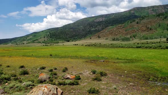 Fish Lake National Forest and scenic byway in slow panorama under blue summer sky