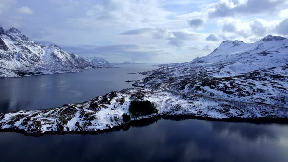 Panoramic Aerial view towards Austnesfjorden rest area, with scenery winter landscape, Lofoten, Norw