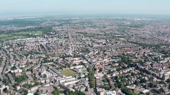 Dolly forward drone shot over suburban Bristol