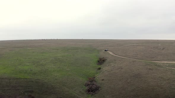 Aerial Shot High Speed Suv Automobile Riding Countryside Road Surrounded By Grass at Hilly Terrain