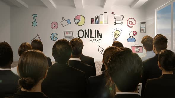 Business people looking at digital screen showing online marketing