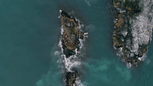 Aerial View of Breakwater or Sea Lion Rookery Perched on Rocky Rocks