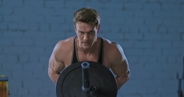 Muscular Male Athlete Doing Exercises with a Barbell in the Gym Inflated Muscles of the Back and