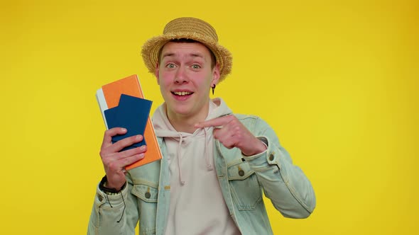 Summer Vacation Journey Traveler Tourist Teen Student Man Celebrating Holding Passport Tickets
