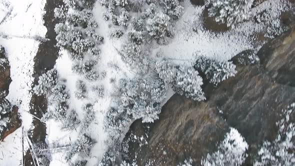 Drone footage of snow-covered trees and frozen river in the mountains in Kananaskis, Alberta, Canada