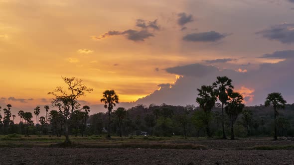 Dramatic sunset at cultivated harvested land in the countryside at summer evening - time lapse