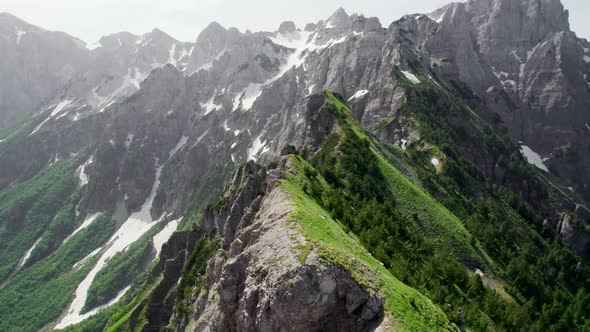 Flying Over the Ridge at Valbona Pass in Albanian Alps