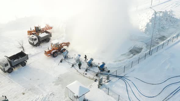 Top View of the Work of Four Snow Cannons for the Production of Artificial Snow