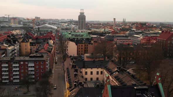 Aerial Sliding Footage of Various Buildings on Sodermalm Island