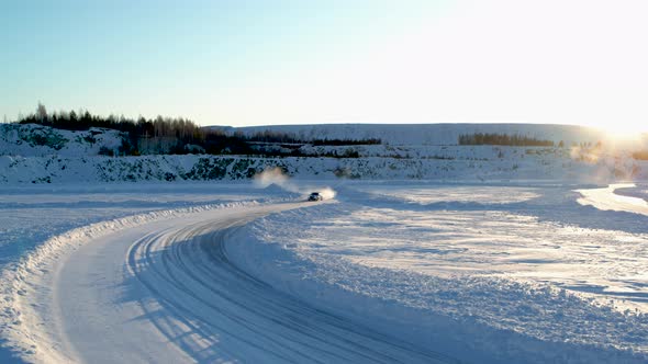 Aerial View of an Ice Rally on a Snowy Track